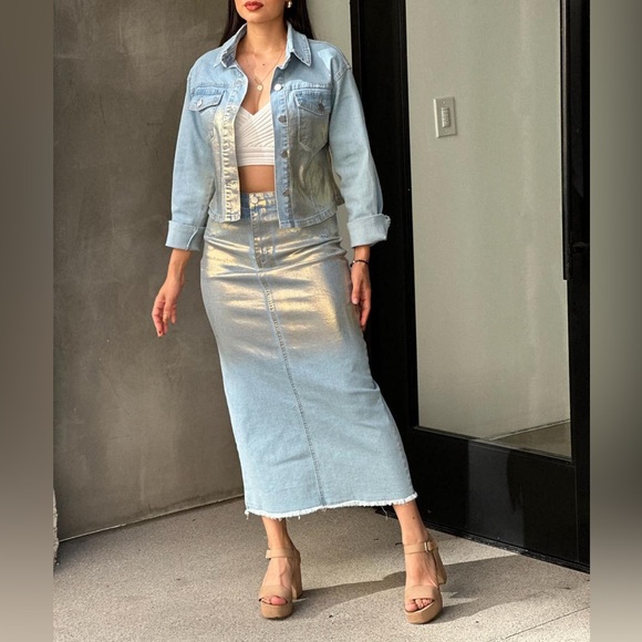 Set of Metallic Gold Denim Jeans Skirt & Jacket, Large Light Blue - Picture 6 of 16